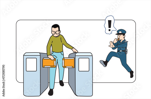 Vector cartoon illustration of a person passing through an entrance without a pass card. An employee sees this and intervenes to stop him.
