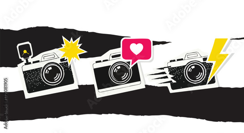 Capture the moment with dynamic cameras, flashing lights, and social media hearts creating vibrant, engaging visual stories.