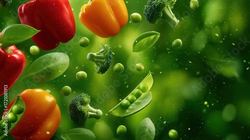 Vibrant green backdrop highlighting colorful bell peppers, broccoli florets, peas, and fresh basil leaves culinary composition hovering in dynamic