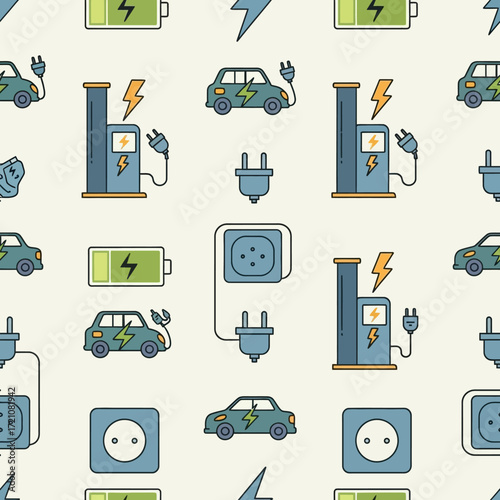Seamless pattern of electric car charging icons symbolizing sustainable transportation and green energy future