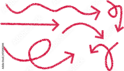 Collection of hand-drawn red arrows indicating direction and movement in various styles, vector