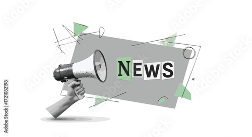 A hand holding a megaphone next to the word NEWS on a grey banner with abstract geometric shapes and green accents.