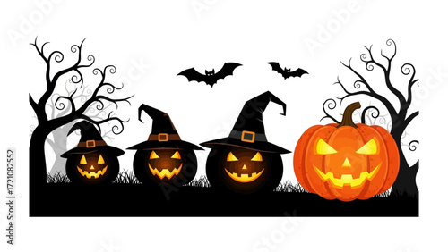 Spooky Halloween: This digitally illustrated image showcases a group of pumpkins donning witch hats and being accompanied by silhouetted trees and bats, embodying the spirit of the eerie holiday.