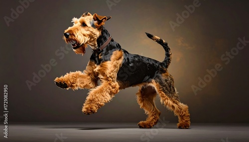 Energetic Airedale Terrier leaping mid-air with joyful expression and motion blur