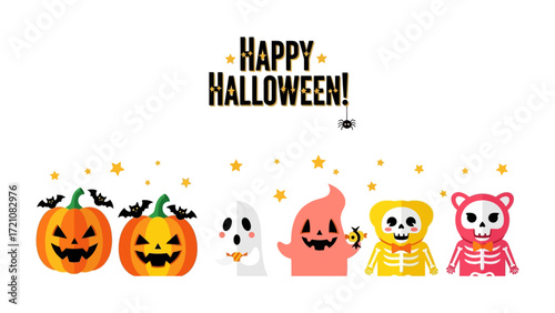 Spooky Halloween Gathering: A playful assortment of Halloween symbols, including pumpkin and ghost characters, come together to celebrate the spooktacular festivities.