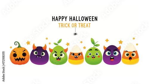 Halloween Fun: A vibrant Halloween illustration showcases friendly, quirky monsters and candies, embodying the spooky, playful spirit of trick-or-treating.