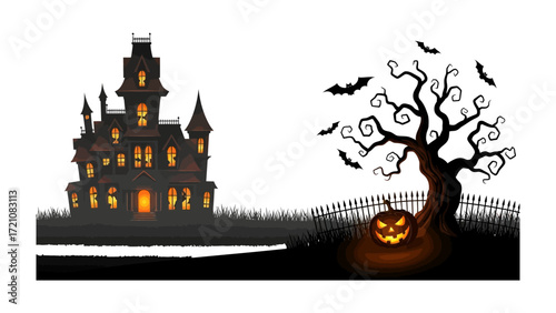 Spooky Halloween Scene: A chilling Halloween scene of a haunted house silhouetted against a darkened sky. Featuring a spooky tree and an illuminated pumpkin on the ground, bats flutter across.