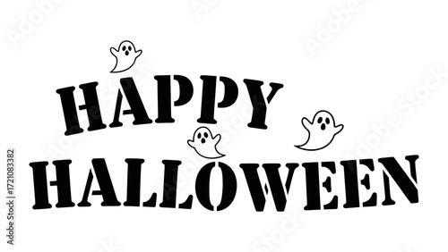 Happy Halloween: Spooky, playful ghosts dance around bold text of Happy Halloween, perfect for conveying a festive spirit and celebrating the season.