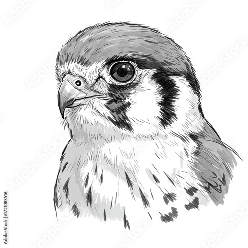 Detailed Black and White Sketch of an American Kestrel's Head, highlighting its keen eyes and distinctive facial markings.
