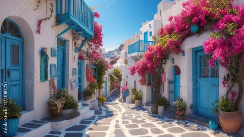 Whitewashed buildings, colorful flowers