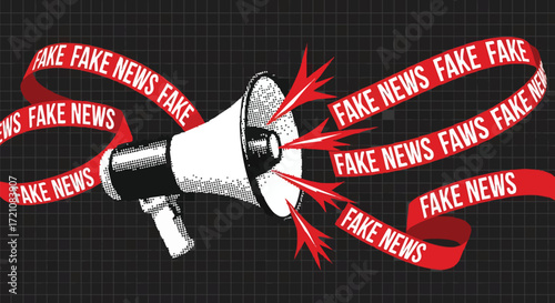 Loudspeaker blasting urgent fake news warnings with red warning tape spreading misinformation across a dark, grid-patterned background