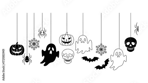 Spooky Halloween Decorations: An assortment of hanging Halloween decorations including spooky ghosts, wicked pumpkin, skulls, spider, and bats, captured in a clean, minimalist art style.