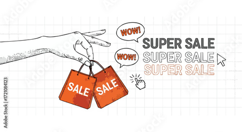 Grab sensational deals now during our super sale with stylish shopping bags and a clicking cursor for amazing online shopping experiences