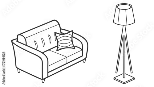 Modern Living Room Furniture Line Art: Two-Seater Sofa with Cushion and Tripod Floor Lamp Illustration on White Background