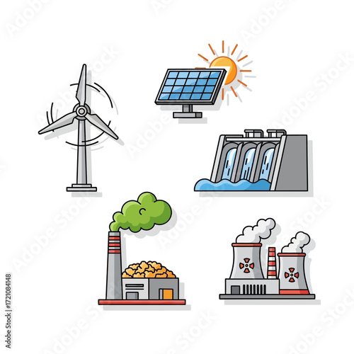 Diverse renewable and traditional energy sources depicted as icons including wind, solar, hydro, and fossil fuel power plants for industry concepts