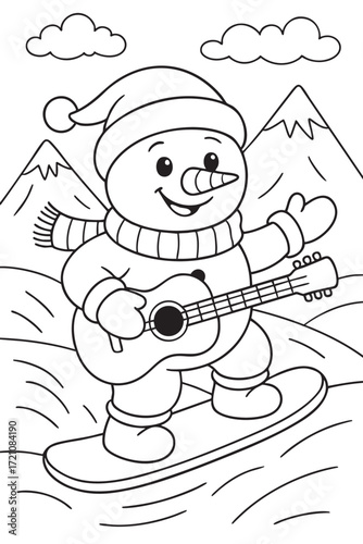 Snowman Snowboarding in the Mountains Coloring Page
