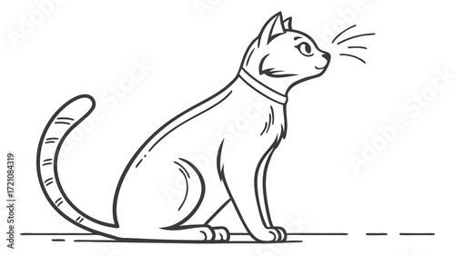 Elegant Sitting Cat Line Art Illustration with Collar, Black and White Profile View, Minimalist Feline Design Sniffing or Alert