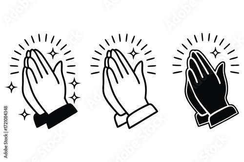 Praying hand icons show reverence and spirituality with outline and silhouette against white