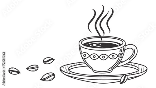 Hand-drawn Steaming Coffee Cup with Scattered Beans Sketch - Monochrome Morning Beverage Illustration