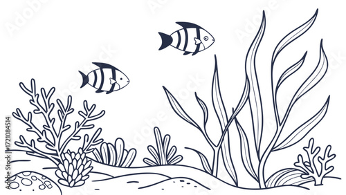 Underwater Scene Line Art with Striped Fish and Seaweed, Simple Monochrome Aquatic Life Illustration for Coloring or Educational Design