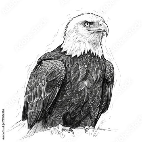 Powerful Black and White Sketch of a Bald Eagle, featuring its majestic gaze and strong features, emblem of freedom and strength.
