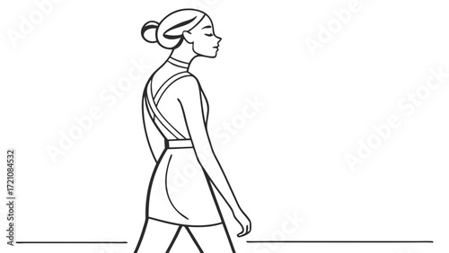 Elegant Woman Walking in Profile, Modern Minimalist Line Art Illustration with Stylish Dress