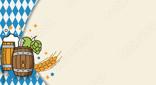 A stylish flat design banner background for Oktoberfest, featuring the iconic Bavarian flag pattern and minimalist symbols like a beer barrel and hop cones. 
