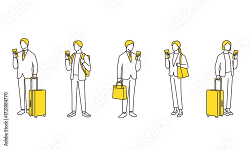 スマホを確認しているビジネスパーソンの線画イラストセット