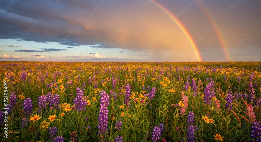 Naklejka premium Vibrant wildflower meadow bathed in golden light under a double rainbow