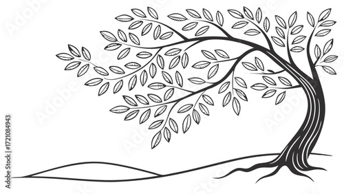 Elegant Black and White Vector Illustration of a Winding Tree with Lush Foliage and Roots on a Gentle Hillside