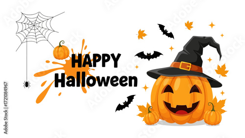Spooky Halloween Scene: Embrace the spooky season with this vibrant illustration featuring a smiling jack-o'-lantern wearing a witch's hat, complemented by spiderwebs, bats, pumpkins.