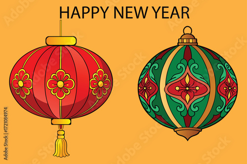 Vivid festive lanterns are displayed wishing everyone a happy new year with colorful designs