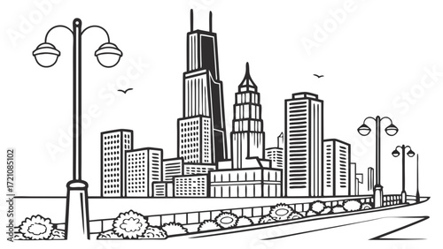 Urban City Skyline Black and White Line Art Illustration with Skyscrapers, Streetlights, and Road Perspective