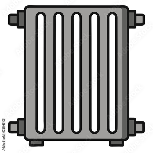 Vintage radiator with vertical slats in metallic gray color  