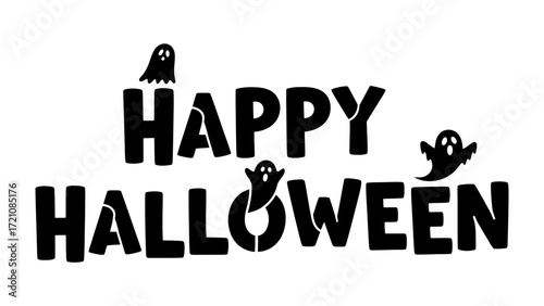 Spooky Greetings: A minimalist yet captivating design spells out Happy Halloween, adorned with playful, silhouette-style ghosts for a touch of eerie charm. 