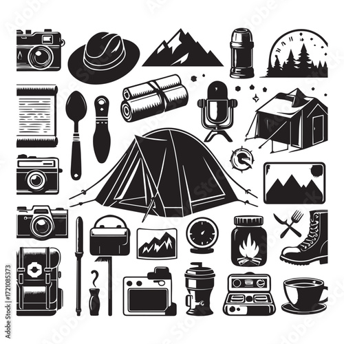 Assorted camping and outdoor adventure icons in black silhouette on a white background tent campfire