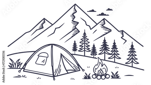 Minimalist Line Art Camping Adventure: Mountain Landscape, Tent, Pine Trees, and Campfire Illustration