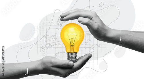 Two hands, one holding and one protecting a brightly glowing yellow light bulb, against an abstract background, symbolizing innovation, ideas, and creative thought.