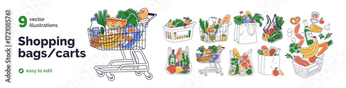 Food products in shopping bags, carts, supermarket trolleys, baskets set. Goods, purchases from grocery store. Vegetables, bread in packaging. Flat vector illustrations isolated on white background