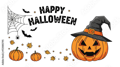 Spooky Pumpkin Delight: A vibrant Halloween scene comes to life with a carved pumpkin wearing a witch's hat, complemented by spooky spider web, flying bat.