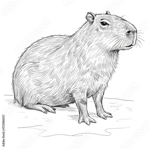 Detailed Black and White Sketch of a Capybara, a large semi-aquatic rodent native to South America, standing in a natural pose.  Capybara – Hydrochoerus hydrochaeris
