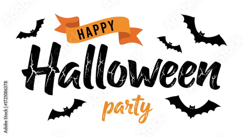 Happy Halloween Party: Festive bats and banner herald a jubilant Halloween party, creating a playful atmosphere for a spooky seasonal celebration.