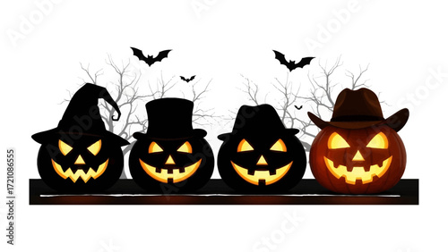 Spooky Pumpkins: A captivating scene of glowing jack-o'-lanterns, each donning a unique hat, radiates an aura of Halloween charm, underscored by silhouettes of bats. 