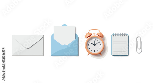 Organized office essentials to manage time effectively, reminding you to stay productive and on schedule with notes and mail