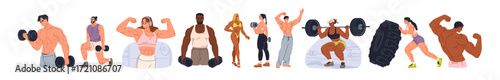 Bodybuilders set. Sports professionals during bodybuilding workout, gym exercising, heavy weight lifting and training muscle strength, power. Flat vector illustrations isolated on white background