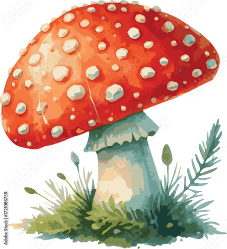 Vector watercolor painted illustration of a red amanita mushroom