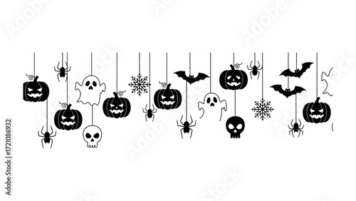 Spooky Halloween Decorations: A collection of Halloween-themed hanging decorations create a festive and eerie atmosphere. A mix of grinning pumpkins, mischievous ghosts, chilling skulls, bats.