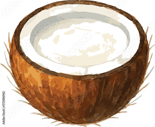 Vector watercolor painted illustration of a coconut with milk