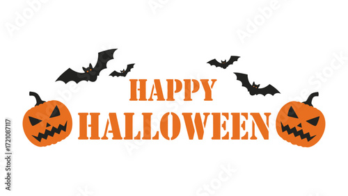 Halloween Pumpkin's Gathering: This illustration features two carved pumpkins and a formation of bats. This image gives happy Halloween feelings.