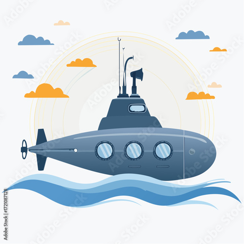A submarine sailing on the ocean surface under a cloudy sky.